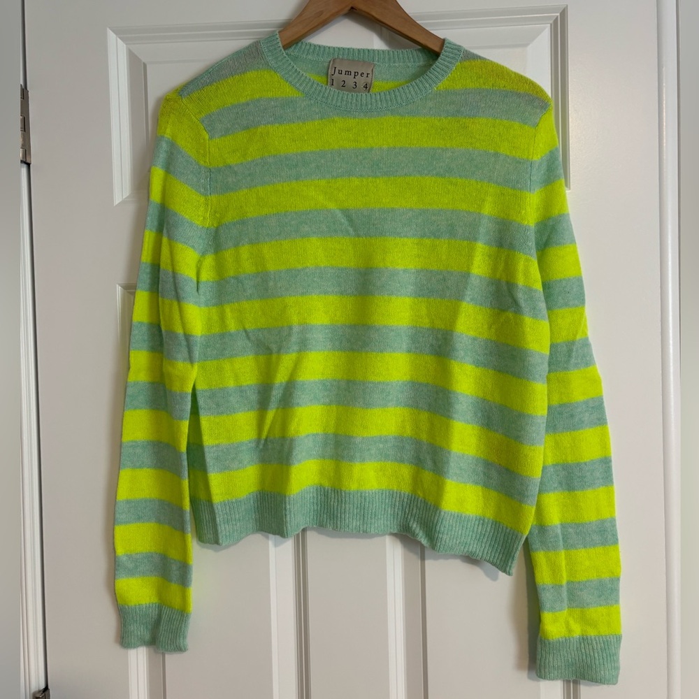 Striped Sea Foam and Neon Yellow Crew Neck Sweater